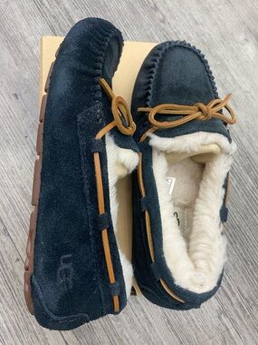 UGG Dakota Slippers for Women – Black (BLK) Suede Moccasin with Sheepskin Lining
